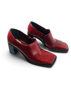 Vintage 90s Sam & Libby Cory Red Leather Squae Toe Block Heel Loafer Bootie 7